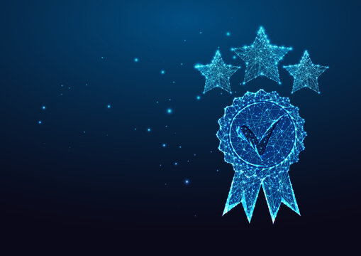Concept of excellence, high quality service with quality badge and three stars in futuristic style