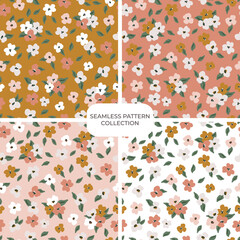 Set of vector floral hand drawn seamless patterns. Cohesive collection of repeating backgrounds, digital papers for fabric, textile, scrapbook, wallpaper design