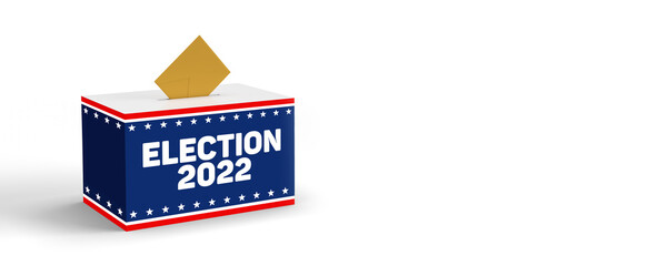 Putting brown voting envelope in American retro style Election 2022 text ballot box on white background with copy space. 3D render of democratic concept. Confidential vote bulletin. Political theme
