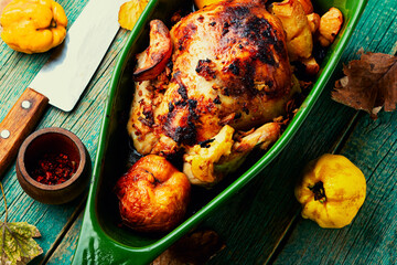 Whole chicken roasted with autumn quince