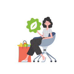 A woman sits next to a package of healthy food and redirects the EKO icon.   Flat trendy style.