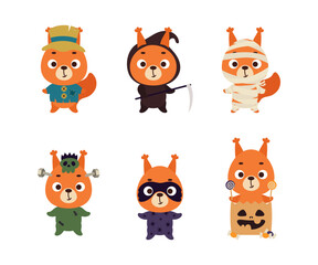 Cute Halloween squirrel set. Cartoon animal character collection for kids t-shirts, nursery decoration, baby shower, greeting card, invitation. Vector stock illustration