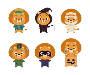 Cute Halloween lion set. Cartoon animal character collection for kids t-shirts, nursery decoration, baby shower, greeting card, invitation. Vector stock illustration