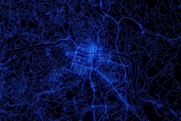 Street map of Maribor (Slovenia) made with blue illumination and glow effect. Top view on roads network