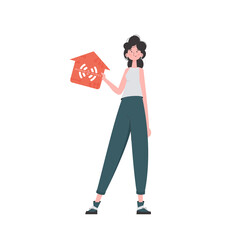 The woman is depicted in full growth, holding an icon of a house in her hands. Internet of things concept.   in trendy flat style.