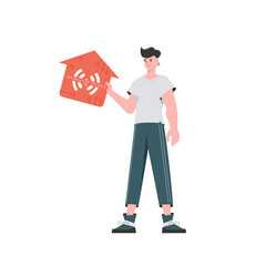 The man is depicted in full growth, holding the icon of the house in his hands. IoT concept.   in trendy flat style.