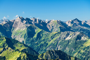 Wild alpine landscape with rocky mountains at a sunny summer day. Allgau Alps, Bavaria, Germany