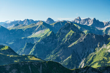 Wild alpine landscape with rocky mountains at a sunny summer day. Allgau Alps, Bavaria, Germany