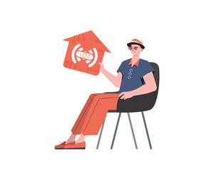 A man sits in an armchair and holds a house icon in his hands. IoT concept.     in flat style.