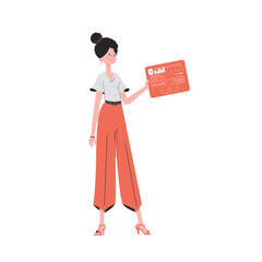 A woman holds a panel with analyzers and indicators in her hands. Internet of things and automation concept.     in flat style.