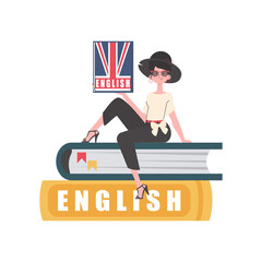 A woman sits on books and holds an English dictionary in her hands. The concept of learning English.   Trendy cartoon style.  .