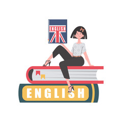A woman sits on books and holds an English dictionary in her hands. The concept of learning English.   Flat modern style.