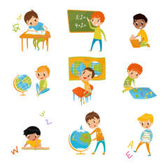 Cute School Boy Studying and Learning Having Subject Lesson Big Vector Set