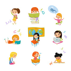 Cute School Girl Studying and Learning Having Subject Lesson Big Vector Set