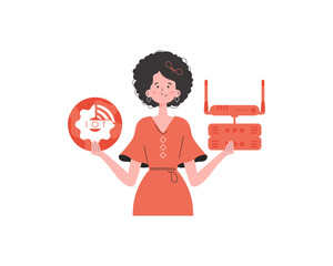 A woman holds the internet of things logo in her hands. Router and server. Internet of things concept.   Trendy flat style.  .