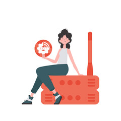 A woman is holding an internet thing icon in her hands. Router and server. Internet of things concept.     in flat style.