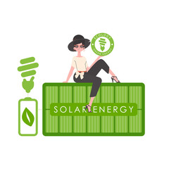 A woman sits on a solar panel and holds the ECO logo in her hands. The concept of ecology and green energy.   Vector trend illustration.