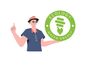 A man holds the ECO logo in his hands. The character is depicted to the waist. The concept of ecology and green energy.   Fashionable, trendy style.
