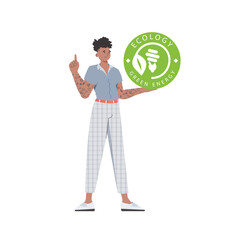 The guy holds the ECO logo in his hands. The character is depicted in full growth. The concept of green energy and ecology.   Vector trend illustration.