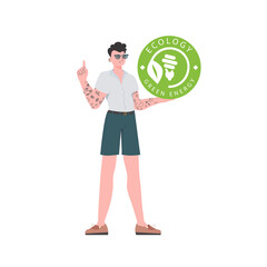 The guy holds the ECO logo in his hands. The character is depicted in full growth. The concept of green energy and ecology.   trendy style.  .
