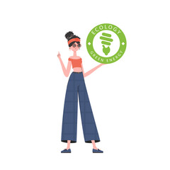 The girl holds the ECO logo in her hands. The character is depicted in full growth. The concept of ecology and green energy.   Vector trend illustration.
