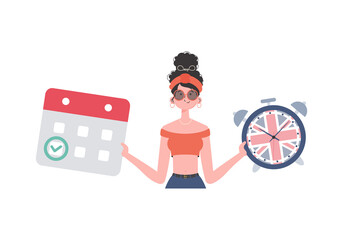 Woman teacher shows that it's time to learn English. The concept of learning English.   Flat modern style.