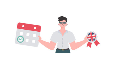 Male teacher shows that it's time to learn English. The concept of learning English.   Trendy cartoon style.