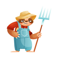 Fototapeta premium Funny Sloth Mammal as Farmer in Straw Hat with Pitchfork Chewing Spikelet Vector Illustration