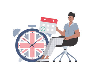 A man, a calendar with a marked date and a clock. The concept of learning English.   Flat modern style.  .