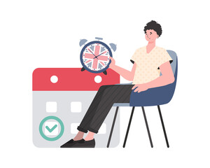 A man, a calendar with a marked date and a clock. The concept of learning English.   Trendy cartoon style.  .