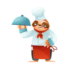 Fototapeta premium Funny Sloth Mammal as Chef Wearing Red Apron and Toque Holding Food Tray Vector Illustration