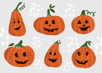 Cute hand drawn helloween pumpkins. Helloween pumpkins vector icons big set. Vector illustration for icon, logo, print, icon, card, emblem, label