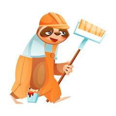 Fototapeta premium Funny Sloth Mammal as Painter Wearing Hard Hat Walking with Paint Roller and Bucket Vector Illustration