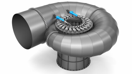 Hydro turbine on white background with spiral case and water guiding device for a powerful hydroelectric power plant. 3d rendering