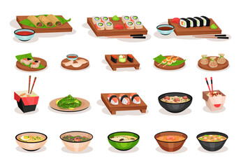 Sushi, Noodles and Soup as Japanese Food Served on Wooden Board and Plate Big Vector Set