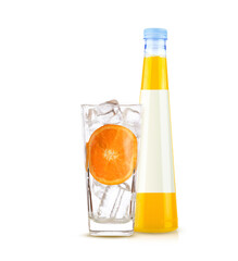 set orange with orange juice bottle in empty glass and ice