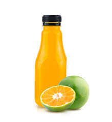 set orange with orange juice bottle in empty glass and ice