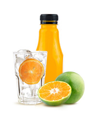 set orange with orange juice bottle in empty glass and ice