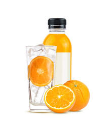 set orange with orange juice bottle in empty glass and ice