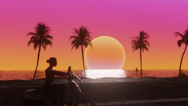 Young female driving motobike along the ocean side of the road with coconut palm trees in sunset. 3d Synthwave animated background. Seamless loop.