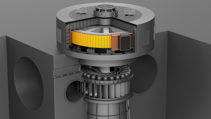 Cutaway concept of a water turbine. Rotor and stator of a power plant generator on a dark background. Scheme of the device of the hydraulic turbine and the spiral casing. 3d render