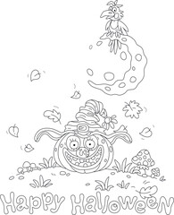 Happy Halloween card with a funny smiling pumpkin in a witch hat and a crow perched on the Moon on a dark holiday night, black and white outline vector cartoon illustration