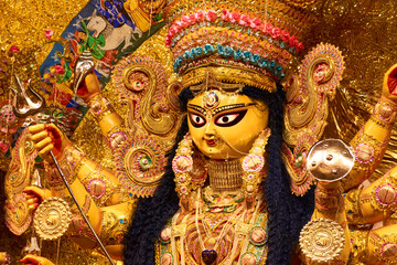 Closeup of Hindu Goddess Durga inside a pandal (temporary resting place for idol) during Durga puja...