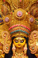 Closeup of Hindu Goddess Durga inside a pandal (temporary resting place for idol) during Durga puja...