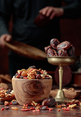 Various dried fruits and nuts on a kitchen table.