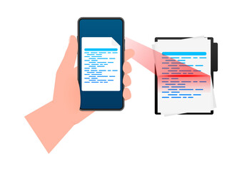 Scan document Smartphone. Text scanner. Mobile phone in hand.