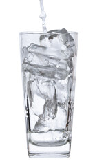 pour water in glass with ice  isolated on white background clipping path
