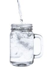 pour water in glass with ice  isolated on white background clipping path