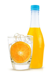 orange fruit and orange juice in bottle white glass and ice isolated on white background