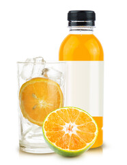 orange fruit and orange juice in bottle white glass and ice isolated on white background